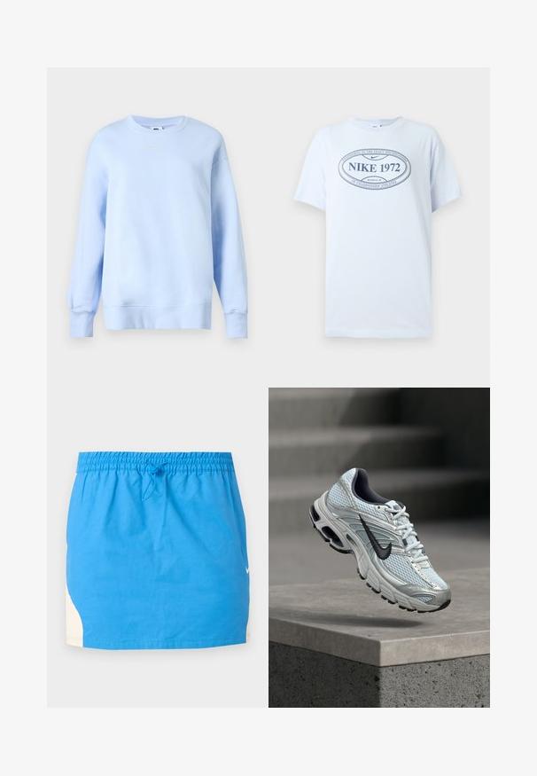 Φωτεινό γαλάζιο φούτερ Nike με στρογγυλή λαιμόκοψη, μακριά μανίκια, ριμπ μανσέτες και τελείωμα, και μικρό λευκό λογότυπο Nike Swoosh στο στήθος.; Λευκό κοντομάνικο μπλουζάκι με ναυτικό οβάλ λογότυπο που αναγράφει "Nike 1972 Beaverton, OR" και "Σχεδιασμένο ακριβώς σύμφωνα με τις προδιαγραφές αθλητών πρωταθλήματος."; Μπλε αθλητική φούστα με ελαστική μέση και κορδόνι, με λευκές πλευρικές λεπτομέρειες και μικρό λευκό λογότυπο Nike στη δεξιά πλευρά.; Λευκό και γκρι παπούτσι για τρέξιμο Nike με μαύρο λογότυπο που αιωρείται πάνω από τσιμεντένια ακμή με θολό γκρι φόντο.