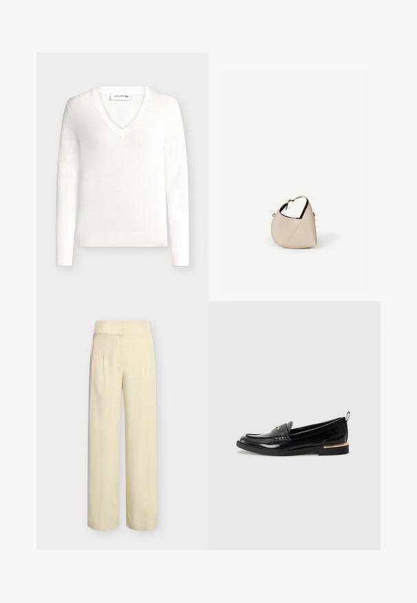 Pull blanc à manches longues avec col en V, poignets et bas côteletés, avec un petit logo Lacoste sur la poitrine.; Pantalon large taille haute beige avec plis devant et fermeture éclair invisible sur un fond neutre.; Mocassins en cuir verni noir avec un bout arrondi, une sangle décorative et un accent doré sur le talon. Texture lisse avec des détails cousus.; Sac à main en cuir beige en forme de croissant avec une seule bandoulière et des coutures minimalistes, posé sur un fond blanc uni.
