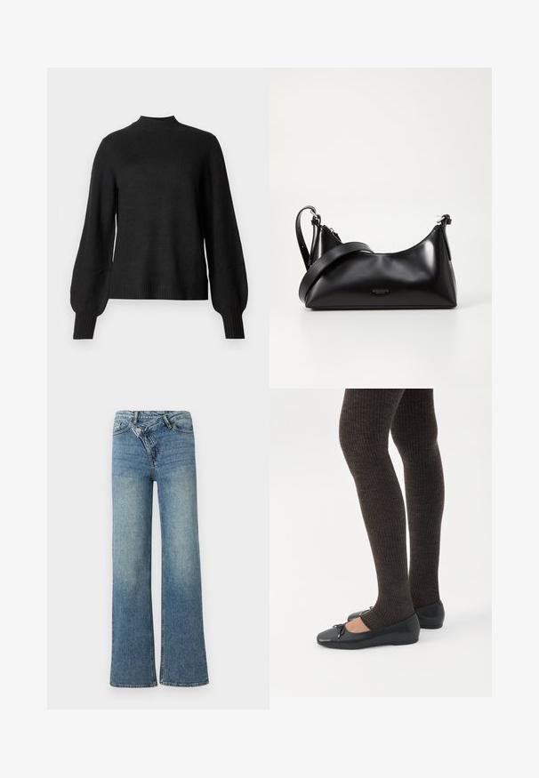 Sort langærmet strikket sweater med ribbet høj hals, manchetter og kant, med let pufede ærmer og en tætsiddende silhuet.; Lyseblå denim jeans med vide ben og høj talje, let falmet effekt og knaplukning foran. Har fem lommer og minimal syning.; Ben iført mørke ribbede leggings kombineret med sorte balletsko med små sløjfedetaljer på hvid baggrund.; Sort læderhåndtaske med en glat tekstur. Har en justerbar stropp og et enkelt, minimalistisk design med lynlås.