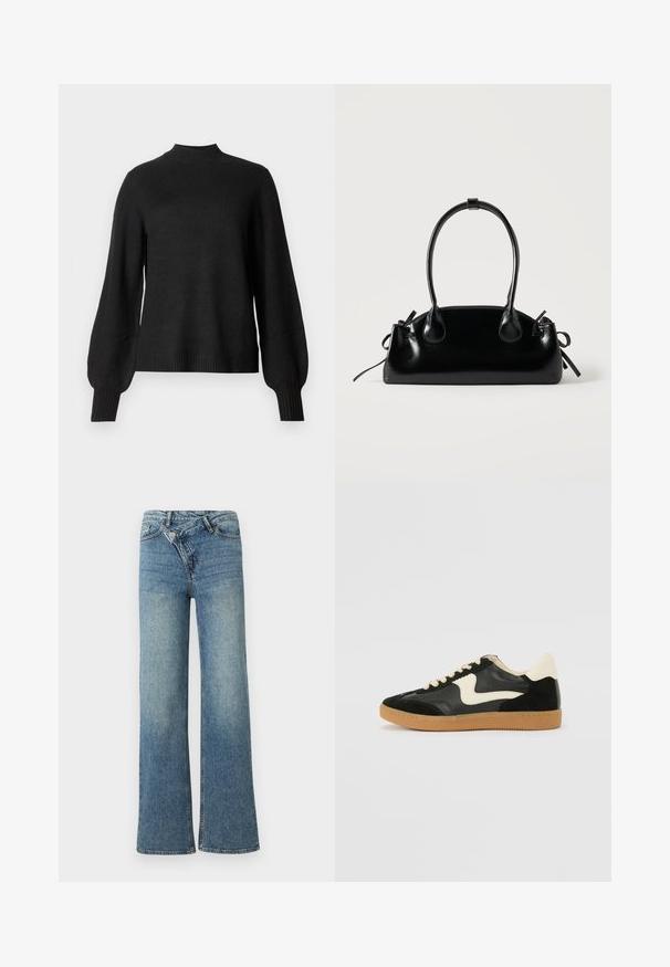 Pull en tricot noir à manches longues avec col montant en côtes, poignets et ourlet, présentant des manches légèrement bouffantes et une silhouette ajustée.; Jean en denim bleu clair à jambes larges avec une taille haute, un délavage clair et une fermeture à bouton à l'avant. Comprend cinq poches et des coutures minimales.; Baskets en daim et cuir noir avec un swoosh latéral crème et un talon crème clair. Dotées de lacets beige et d'une semelle en caoutchouc gomme.; Petit sac à main noir brillant avec deux longues anses et des détails à cordon sur les côtés sur un fond clair uni.