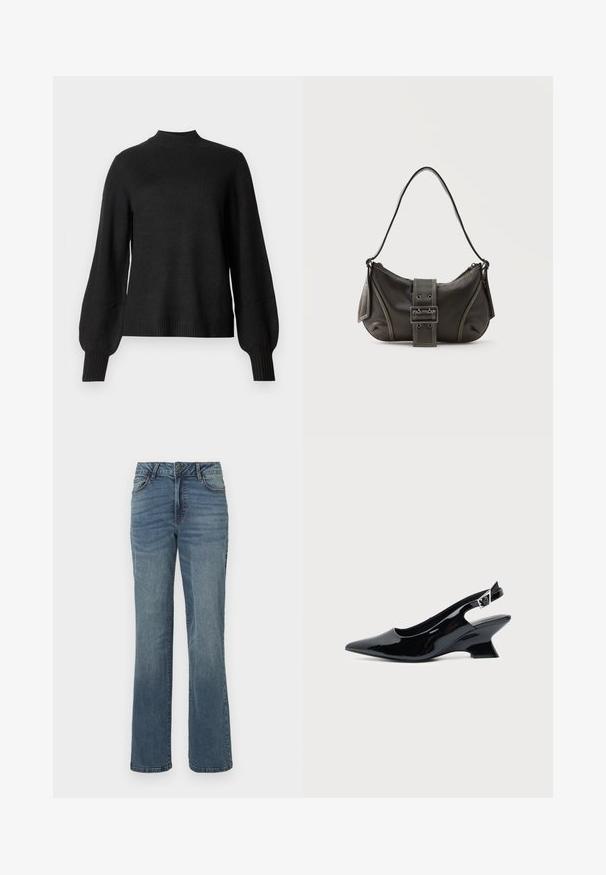 Pull en tricot noir à manches longues avec col montant en côtes, poignets et ourlet, présentant des manches légèrement bouffantes et une silhouette ajustée.; Jean en denim droit bleu avec fermeture à bouton et zip à l'avant, poches avant et arrière, et un léger effet délavé.; Chaussure slingback en cuir verni noir avec bout pointu et petit talon bloc incliné sur fond clair uni.; Sac à épaule en cuir noir avec une sangle à boucle, des bords arrondis et des coutures blanches contrastées sur un fond uni.