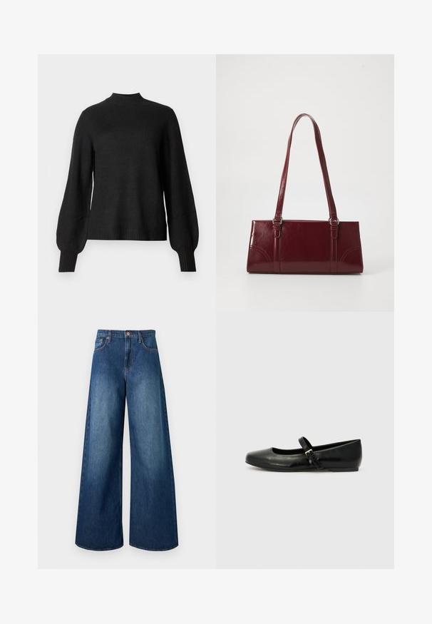 Sort langærmet strikket sweater med ribbet høj hals, manchetter og kant, med let pufede ærmer og en tætsiddende silhuet.; Jeans i mørkeblåt denim med høj talje, brede ben, fem lommer, bæltestropper og kobberknaplukning.; Sorte læder balletflade med rund tå, flad sål og en tynd justerbar rem over svangen med en metalspænde.; Bordeaux håndtaske lavet af glansfuldt materiale, rektangulær form, med to skulderremme og subtile buede detaljer på forsiden.