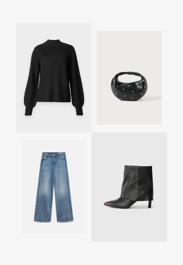 Sort langærmet strikket sweater med ribbet høj hals, manchetter og kant, med let pufede ærmer og en tætsiddende silhuet.; Blå vidde jeans med falmet effekt foran, forreste knap, lynlås og forlommer med bæltestropper.; Sort ankelstøvle lavet af glat læder med spids tå og tilspidset hæl. Overdelen har et let rynket design.; Sort læderhåndtaske med en rundet form, dekoreret med sølvnitter, og et kort håndtag. Glat tekstur og lynlåslukning.