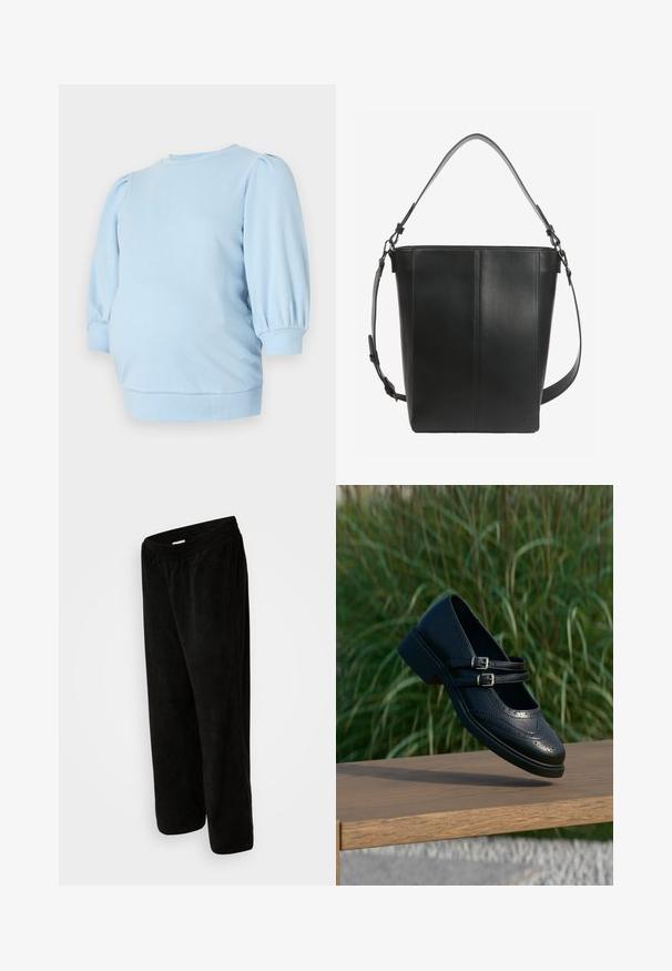 Sudadera de maternidad azul claro con mangas cortas abullonadas, cuello redondo y dobladillo ajustado. Tejido suave y elástico.; Pantalones de pana negra con un corte relajado, que cuentan con una cinturilla elástica y un largo recortado. Textura suave con un patrón de costillas verticales.; Zapato Mary Jane negro de cuero con dobles correas con hebillas y detalles brogue, flotando sobre un banco de madera con fondo de césped verde.; Bolso tipo cubo de cuero negro con dos correas de hombro ajustables y detalles de costura mínimos sobre un fondo liso.