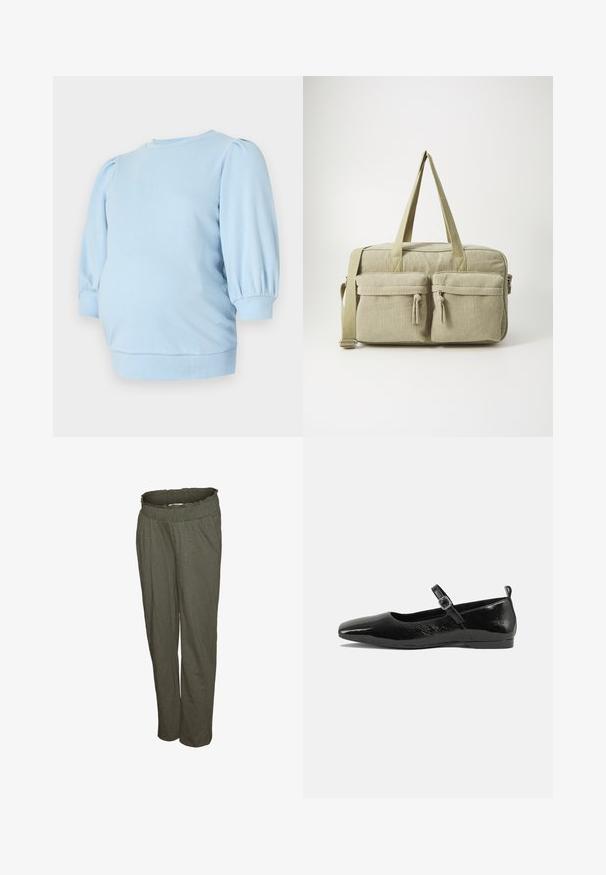 Sweatshirt de maternité bleu clair avec des manches courtes bouffantes, un col rond et un bas ajusté. Tissu doux et extensible.; Pantalon décontracté vert olive avec taille élastique et poches latérales, coupe droite, présenté sur fond blanc.; Chaussure plate en cuir verni noir avec un bout pointu, une sangle de cheville avec boucles, et une texture lisse et brillante. Talon bas pour le confort.; Even&Odd Sac week-end - green