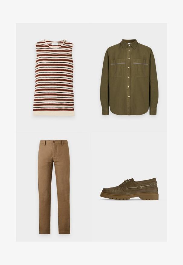 Top sans manches en maille avec des rayures horizontales crème, rouille, vert olive et noir, avec un col rond.; Chemise boutonnée vert olive, manches longues, deux poches poitrine avec détails à carreaux, et une texture en coton doux avec un col classique.; Pantalon marron à jambes droites avec passants de ceinture et fermeture boutonnée et zippée à l'avant sur fond uni.; Mocassin en cuir suédé marron à lacets, semelle crantée épaisse en caoutchouc et laçage décoratif en cuir sur les côtés.