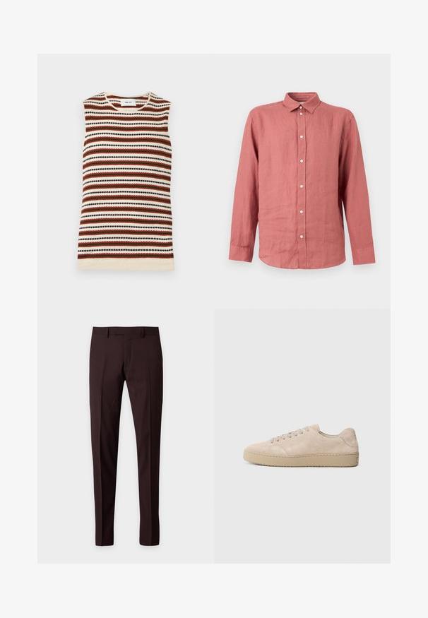 Top sans manches en maille avec des rayures horizontales crème, rouille, vert olive et noir, avec un col rond.; Chemise à manches longues boutonnée de couleur rose pâle avec un col classique et des boutons blancs, présentée sur un fond clair uni.; Pantalon habillé slim marron foncé avec passants de ceinture, pli avant, sans poches visibles, présenté sur un fond clair uni.; Baskets en daim beige avec un bout rond, des lacets plats et une semelle en caoutchouc texturé. Design minimaliste avec des bords lisses et des coutures discrètes.