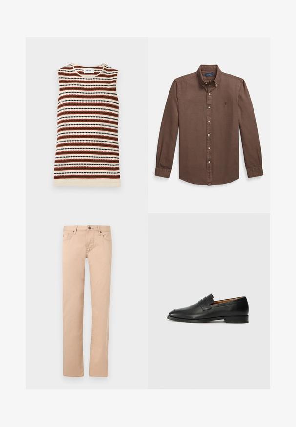 Top sans manches en maille avec des rayures horizontales crème, rouille, vert olive et noir, avec un col rond.; Chemise marron à boutons, dotée d'un col pointu, de manches longues, de boutons blancs et d'un petit logo brodé sur la poitrine. Tissu en coton lisse.; Pantalon beige à jambe droite avec poches avant, passants pour ceinture, fermeture par bouton et détails de couture, présenté sur un fond clair.; Mocassin en cuir noir avec un bout arrondi, des coutures subtiles et un talon bas, présentant une texture lisse et un design minimaliste.