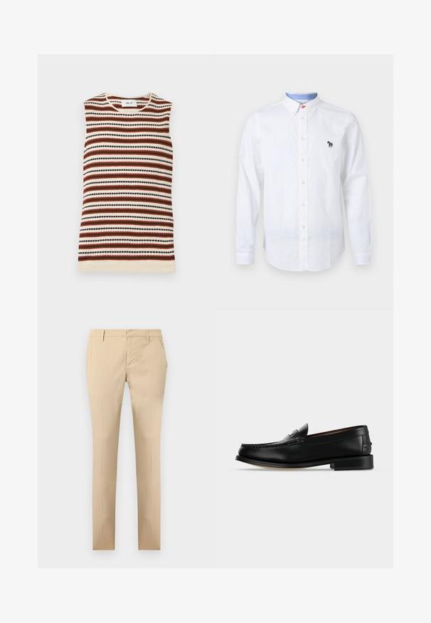 Top sans manches en maille avec des rayures horizontales crème, rouille, vert olive et noir, avec un col rond.; Chemise blanche à boutons en coton, dotée d'un col, de manches longues et d'un logo zèbre coloré brodé sur la poitrine.; Pantalon beige ajusté avec passants pour ceinture, poches latérales et fermeture éclair avant dissimulée sur fond blanc uni.; Mocassin homme en cuir noir avec un petit talon et une couture de style mocassin sur l'avant, vu de côté sur un fond uni.