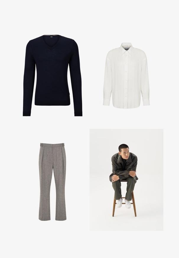 Marineblauer V-Ausschnitt-Pullover aus weichem Strickmaterial mit langen Ärmeln und gerippten Bündchen und Saum. Verfügt über ein Etikett mit dem Markenlogo im Kragen.; Weißes Langarmhemd mit dezenten vertikalen Streifen und Standardkragen, dargestellt auf weißem Hintergrund.; Graue, gerade geschnittene Hose mit hohem Bund, vorn mit Falten und seitlich verstellbaren Laschen auf weißem Hintergrund.; Junger Mann in dunkler Lederjacke und Jeans sitzt auf einem Holzstuhl, lehnt sich mit verschränkten Armen nach vorne und schaut seitlich vor weißem Hintergrund.