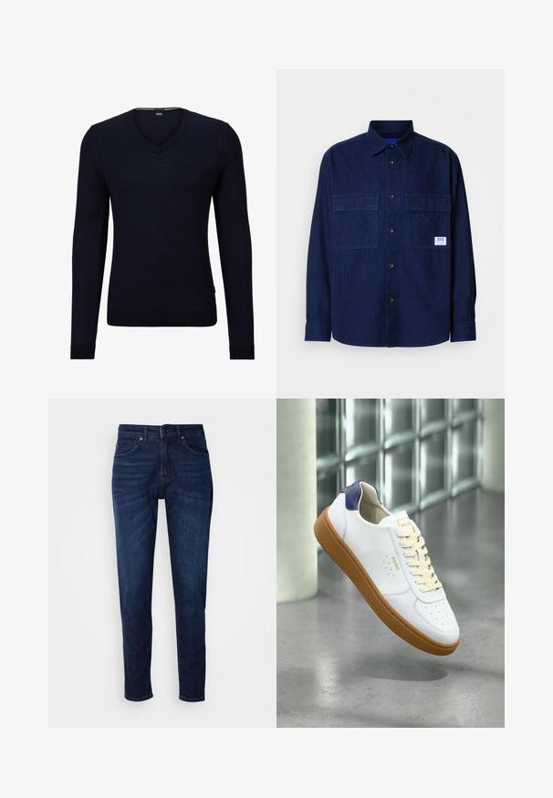 Navy blauwe v-hals sweater van zacht breiwerk met lange mouwen en geribbelde manchetten en zoom. Bevat een label met het merkniveau aan de binnenkant van de hals.; Marineblauw overhemd met lange mouwen en knopen, voorzien van twee borstzakken en een klein wit label op de rechterzak.; Donkerblauwe denim jeans met een rechte pijpdesign, voorzien van zakken en een knoopsluiting bij de taille. Zachte textuur, minimale vervagingdetails.; Witte Hugo-sneaker met beige veters, bruine zool en een marineblauw hieldetail, zwevend boven een gepolijste betonnen vloer bij glasblokken.