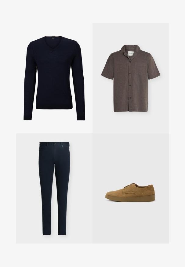 Marineblauer V-Ausschnitt-Pullover aus weichem Strickmaterial mit langen Ärmeln und gerippten Bündchen und Saum. Verfügt über ein Etikett mit dem Markenlogo im Kragen.; Braunes Kurzarmhemd mit Knopfleiste, Kragen und Brusttasche, flach auf weißem Hintergrund liegend dargestellt.; Schmal geschnittene Dunkelblaue Hose mit Gürtelschlaufen, vorderem Knopf- und Reißverschluss sowie Taschen vor einfarbigem Hintergrund.; Brauner Wildleder-Schnürschuh für den Alltag mit flacher Gummisohle, von der Seite auf hellem, einfachem Hintergrund gesehen.