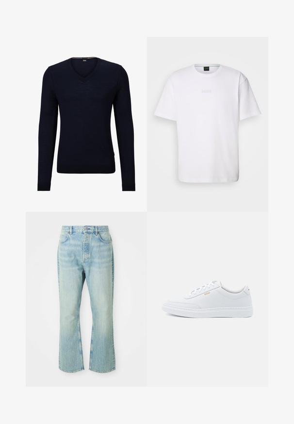Pull-over en V bleu marine en tricot doux, avec des manches longues et des poignets et un ourlet côtelés. Comprend une étiquette avec le logo de la marque à l'intérieur de l'encolure.; T-shirt en coton blanc à manches courtes, col rond, avec un logo « BOSS » en relief sur la poitrine. Texture lisse, coupe standard.; Jeans évasés en denim bleu clair avec une taille haute, dotés de cinq poches, de passants de ceinture et d'une texture délavée.; Baskets blanches en cuir avec une texture lisse, bout rond et coutures tonales. Possède des lacets bleus et un logo doré sur le côté.