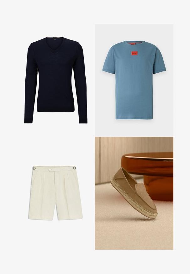 Marineblauer V-Ausschnitt-Pullover aus weichem Strickmaterial mit langen Ärmeln und gerippten Bündchen und Saum. Verfügt über ein Etikett mit dem Markenlogo im Kragen.; Hellblaues T-Shirt mit kurzen Ärmeln und rundem Ausschnitt. Verfügt über einen rechteckigen roten Logopatch auf der Brust. Glatte Textur, lässige Passform.; Creméfarbene, maßgeschneiderte Shorts mit vorderen Falten, seitlichen Taschen, Knopfverschluss und verstellbaren seitlichen Schnallengurten.; Beiger Slip-on-Schuh mit strukturierter Oberseite und gewebter Sohle, aufrecht stehend auf einem hellen Teppichboden neben einem glänzenden braunen runden Tisch.