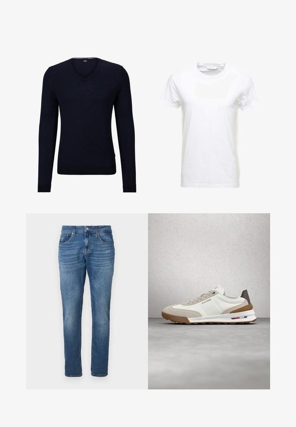 Marineblauer V-Ausschnitt-Pullover aus weichem Strickmaterial mit langen Ärmeln und gerippten Bündchen und Saum. Verfügt über ein Etikett mit dem Markenlogo im Kragen.; Weißes Baumwoll-T-Shirt mit kurzen Ärmeln, Rundhalsausschnitt und glatter Textur. Etikett am Ausschnitt sichtbar. Einfacher und klassischer Stil.; Hellblaue Denim-Jeans mit geradem Schnitt. Verfügt über einen Knopf- und Reißverschluss, fünf Taschen und dezente Verblassungsdetails.; Weißer und beiger Tommy Hilfiger Sneaker mit brauner Sohle, Markenlogo an der Seite und auf der Zunge, schwebt über einem glatten grauen Boden.