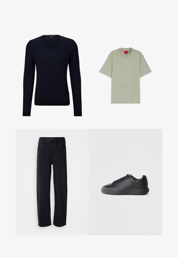 Navy blauwe v-hals sweater van zacht breiwerk met lange mouwen en geribbelde manchetten en zoom. Bevat een label met het merkniveau aan de binnenkant van de hals.; Lichtgroen T-shirt met korte mouwen en ronde hals, met klein wit "HUGO"-logo in het midden van de borst en een rood label aan de binnenkant van de kraag.; Zwarte spijkerbroek met een losse pasvorm, voorzien van een hoge taille, vijf zakken en metalen knopen. De stof heeft een matte textuur.; Zwarte sneaker gemaakt van gestructureerd synthetisch materiaal, met een diamanten patroon, ronde neus, platte rubberen zool en een klassieke vetersluiting.
