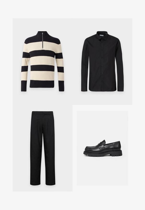 Pull en tricot à côtes rayé noir et beige avec des manches longues et un petit zip en argent au col montant.; Chemise noire à manches longues avec un col classique, fabriquée en tissu lisse, dotée de boutons à l'avant et d'une coupe classique.; Pantalons noirs en tissu lisse, avec une coupe droite, deux plis avant et une taille standard avec passants de ceinture.; Mocassin en cuir noir avec semelle épaisse crantée et détail de bride penny, présenté en profil droit sur fond blanc.
