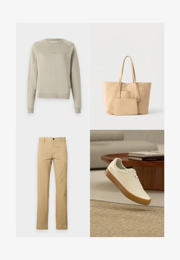 Lys grå langærmet sweatshirt med rund halsudskæring, raglanærmer og subtile logo-detaljer på brystet. Fremstillet af blødt materiale.; Khaki chinos lavet af bomuld, med lige ben, to frontlommer, en enkelt knaplukning og bæltestropper, samt en glat tekstur.; Hvid sneaker med gummisål svæver over beige tæppe i stuen med træbord og stablede bøger i baggrunden.; Beige ruskind-totetaske med lange håndtag og tilhørende matchende lynlåsetaske på en ensfarvet hvid baggrund.
