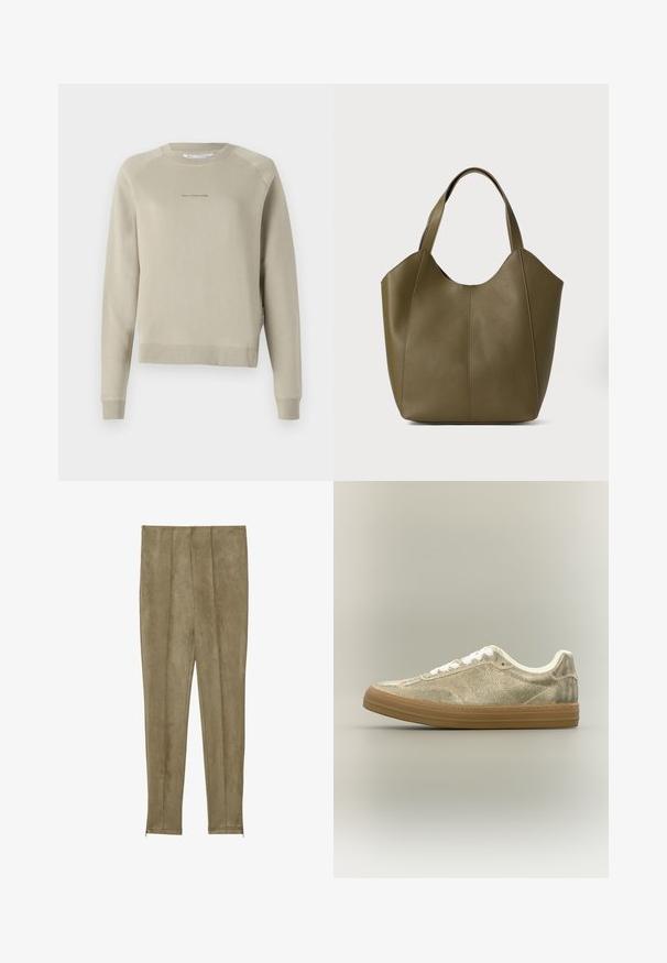 Sweatshirt gris clair à manches longues avec un col rond, des manches raglan et des détails de logo subtils sur la poitrine. Fabriqué dans un matériau doux.; Pantalons en faux daim de couleur kaki avec des détails de couture verticale et des poignets étroits, présentant une texture lisse et une silhouette ajustée.; Baskets basses en toile beige avec lacets blancs et une semelle épaisse en caoutchouc marron, vues de côté sur un fond neutre.; Sac fourre-tout en cuir vert olive avec double poignée, texture lisse et design à quatre panneaux. Coutures renforcées le long des joints pour plus de durabilité.