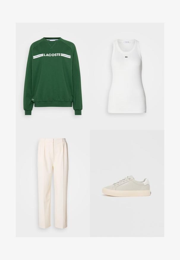 Groen sweatshirt van een katoenmengsel. Voorzien van een ronde hals, raglanmouwen en witte "LACOSTE" tekst met twee strepen over de borst.; Witte mouwloze tanktop met een ronde hals en geribbelde textuur. Heeft een klein groen Lacoste krokodillogo op de borst.; Lacoste Broek - lapland; Lichtgrijze sneaker met een zachte textuur, ronde neus en witte veters. Heeft een beige zool en subtiele branding aan de zijkant.