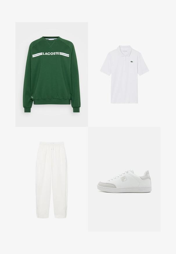Groen sweatshirt van een katoenmengsel. Voorzien van een ronde hals, raglanmouwen en witte "LACOSTE" tekst met twee strepen over de borst.; Witte polo met korte mouwen, kraag en knoopsluiting, met een klein groen krokodillenlogo op de linkerborst.; Witte broek met elastische taille, trekkoord, zijzakken en rechte pijpen, weergegeven op een witte achtergrond.; Witte sneaker met een glad leren bovenwerk en grijze suède accenten. Rond neu, platte rubberen zool, en merklogo op de zijkant en hiel.