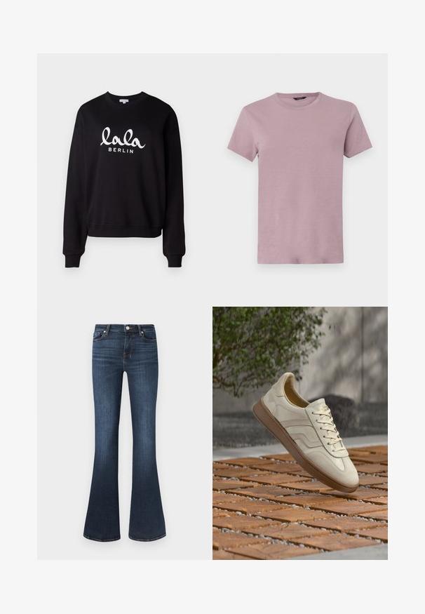Zwarte sweatshirt met een ribbelboord aan de hals en mouwen. Kenmerkt witte tekst "lala BERLIN" in een cursieve lettertype over de voorkant. Zachte textuur.; Heren crew neck t-shirt in licht mauve, gemaakt van zacht materiaal. Korte mouwen, reguliere pasvorm, met een gladde structuur en zonder zichtbare patronen.; Wijde spijkerbroek in donkerblauwe denim met een gladde textuur, voorzien van vijf zakken, een ritssluiting en contrasterende oranje stiksel langs de naden.; Sneaker in roomkleur met een gestructureerde beige rubberen zool, vetersluiting en subtiele merkdetails aan de zijkant. Bovenwerk van glad leer.