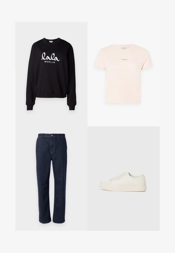 Sort sweatshirt med ribbet halsudskæring og manchetter. Har hvid tekst "lala BERLIN" i kursiv skrift henover forsiden. Blød struktur.; Lys pink bomulds t-shirt med korte ærmer og rund halsudskæring. Har et lille Calvin Klein-logo på brystområdet.; Mørkeblå denim jeans med lige ben, der har en lynlås, forlommer og synlig syning i en kontrastfarve.; Sneakers lavet af off-white canvas, med et low-top design, rund tå og flad gummisål med diskrete syninger.