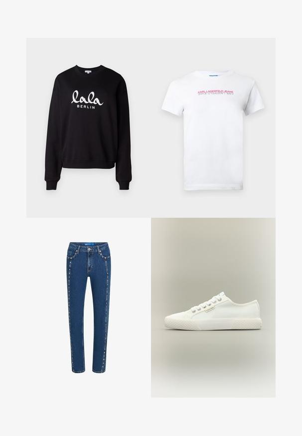 Sort sweatshirt med ribbet halsudskæring og manchetter. Har hvid tekst "lala BERLIN" i kursiv skrift henover forsiden. Blød struktur.; Hvid bomulds T-shirt med rund hals og korte ærmer, med lyserøde og grå bogstaver, der står "KARL LAGERFELD JEANS" på tværs af brystet.; Mørkeblå denim jeans med lige pasform, der har kontrasterende syninger og dekorative nitter langs sidesømmene og forlommerne.; Hvid lavtopet lærreds-sneaker med tekstureret gummisål, hvide snørebånd og lille Calvin Klein-mærke på siden.