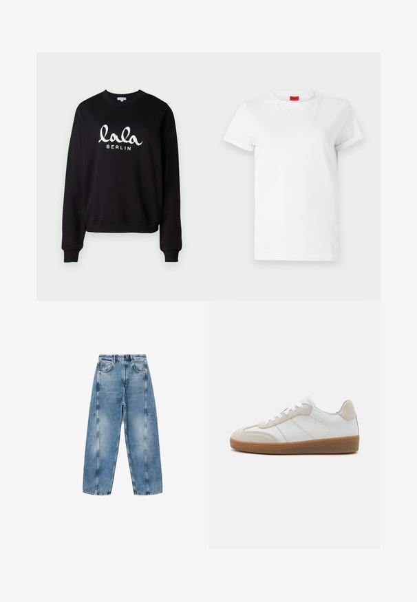 Schwarzer Sweatshirt mit einem gerippten Rundhalsausschnitt und Bündchen. Mit weißem Text "lala BERLIN" in einer geschwungenen Schriftart auf der Vorderseite. Weiche Textur.; Weißes Kurzarm-T-Shirt aus leichtem Baumwollstoff. Hat einen runden Halsausschnitt und umgeschlagene Ärmel. Rotes Logo-Tag am Kragen.; Hellblaue Denim-Jeans haben eine lockere Passform, große Taschen und kontrastierende Nähte. Der Stoff hat eine ausgeblichene Optik mit einer glatten Textur.; Weiße Leder-Sneaker mit beige Suede-Akzenten, strukturiertem Zungenbereich und Gummisohle. Verfügt über weiße Schnürsenkel und dezente eingestickte Details.