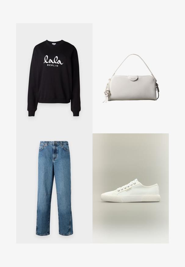 Schwarzer Sweatshirt mit einem gerippten Rundhalsausschnitt und Bündchen. Mit weißem Text "lala BERLIN" in einer geschwungenen Schriftart auf der Vorderseite. Weiche Textur.; Hellblaue Jeans aus Denim mit geradem Schnitt, ausgestattet mit gestickten Taschen, einem Knopfverschluss vorne und minimaler Ausbleichung des Materials.; Weißer Low-Top Canvas-Sneaker mit strukturierter Gummisohle, weißen Schnürsenkeln und kleinem Calvin Klein-Label an der Seite.; Weiße rechteckige Calvin Klein Handtasche mit einem einzelnen Henkel, minimalistischem Design und dekorativen Quasten mit geometrischem Metallanhänger an der Seite.