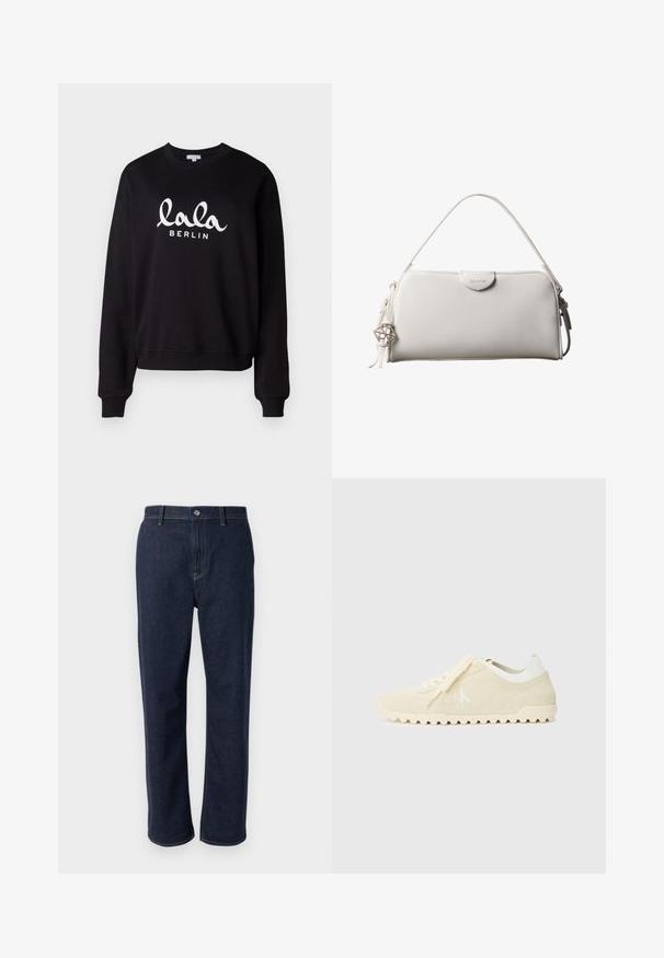 Zwarte sweatshirt met een ribbelboord aan de hals en mouwen. Kenmerkt witte tekst "lala BERLIN" in een cursieve lettertype over de voorkant. Zachte textuur.; Donkerblauwe denim jeans met een recht lijn ontwerp, voorzien van een ritssluiting, frontzakken en zichtbare stiksels in een contrasterende kleur.; Beige suède sneakers met witte accenten, een gestructureerde zool en een logo aan de zijkant. Voorzien van platte veters en een klassiek, laag profiel ontwerp.; Witte rechthoekige Calvin Klein handtas met enkele handgreep, minimalistisch ontwerp en decoratieve kwastjes met geometrische metalen hanger aan de zijkant.