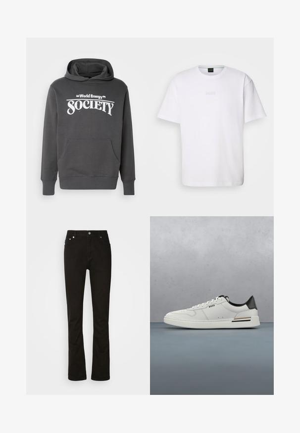 Grauer Hoodie aus weichem Material mit einer Fronttasche, gerippten Bündchen und dem in weißem Text auf der Brust aufgedruckten "World Energy Society".; Weißes Baumwoll-T-Shirt mit kurzen Ärmeln, rundem Ausschnitt und geprägtem "BOSS"-Logo auf der Brust. Glatte Textur, normale Passform.; Schwarze Jeans aus Denim mit geradem Bein, ausgestattet mit vorderen Taschen, einem Reißverschluss und silbernen Hardware-Details. Glatte Textur, ohne Muster.; Weißer Sneaker mit niedrigem Schnitt und schwarzer Ferse, Schnürverschluss, dezenten Perforationen und "BOSS"-Logo an der Seite, gezeigt von der äußeren Seitenansicht.