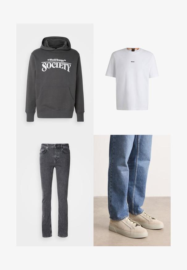 Grauer Hoodie aus weichem Material mit einer Fronttasche, gerippten Bündchen und dem in weißem Text auf der Brust aufgedruckten "World Energy Society".; Weißes Baumwoll-T-Shirt mit kurzen Ärmeln, ausgestattet mit einem schwarzen "BOSS"-Logo, das mittig auf der Brust platziert ist, und einem runden Halsausschnitt.; Dunkelgraue Jeans aus Denim, gerader Schnitt, fünf Taschen, kontrastierende Nähte, Reißverschluss und Knopfverschluss. Keine sichtbaren Muster oder Verzierungen.; BOSS GARYTENN_SDHDEL - Sneaker low - natural ten