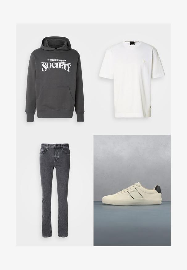 Grå hættetrøje lavet af blødt materiale med en frontlomme, ribbede manchetter og "World Energy Society" trykt i hvid tekst på brystet.; Hvid bomuld T-shirt med rund halsudskæring, korte ærmer og lille logo på brystet. Lige afskåret nederste kant.; Mørkegrå denimjeans, lige snit, fem lommer, kontrastsyning, lynlås og knaplukning. Ingen synlige mønstre eller pynt.; Cremefarvede sneakers med en glat tekstur, der har sorte accenter og branding. Klassisk snørebåndsdesign med rund tå og gummisål.