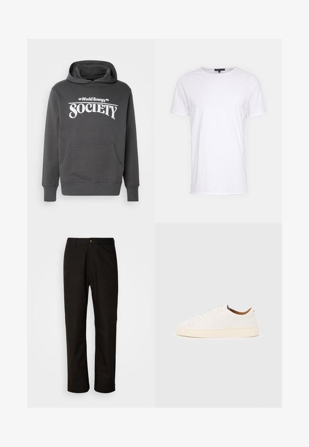 Grauer Hoodie aus weichem Material mit einer Fronttasche, gerippten Bündchen und dem in weißem Text auf der Brust aufgedruckten "World Energy Society".; Weißes Baumwoll-T-Shirt mit Rundhalsausschnitt, kurzen Ärmeln und geradem Schnitt. Verfügt über eine einfache, glatte Textur und keine zusätzlichen Muster.; Schwarze Baumwollhosen mit geradem Schnitt, Gürtelschlaufen, einem Reißverschluss vorne und einem einzelnen Knopfverschluss. Glatte Textur ohne sichtbare Muster.; Weißer Sneaker mit niedrigem Schaft und Schnürdesign, minimalen Nähten und einer cremefarbenen Sohle auf hellgrauem Hintergrund.