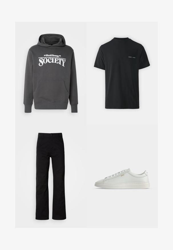Grauer Hoodie aus weichem Material mit einer Fronttasche, gerippten Bündchen und dem in weißem Text auf der Brust aufgedruckten "World Energy Society".; Schwarzes Baumwoll-T-Shirt mit klassischem Rundhalsausschnitt, kurzen Ärmeln und zwei kleinen weißen "SAMSØE"-Logos auf der linken Brust.; Schwarze Baumwollhosen mit geradem Bein, ausgestattet mit einem Knopfverschluss und Gürtelschlaufen. Glatte Textur und minimalistischer Stil ohne sichtbare Muster.; Weißer Leder-Sneaker in niedriger Ausführung mit Schnürsenkeln, flacher Sohle und kleinem goldfarbenem "BOSS" Logo an der Seite, von der Außenseite betrachtet.