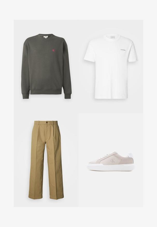 Sweatshirt crewneck vert foncé en coton. Présente un petit logo 'ck' rose sur le côté gauche de la poitrine et des poignets et un ourlet côtelés.; T-shirt en coton blanc à manches courtes et col rond. Présente un petit logo noir "Calvin Klein" sur la poitrine gauche.; Pantalon large beige en coton, avec une fermeture à boutons, trois plis et des ourlets droits pour une coupe décontractée.; Baskets basses beige avec semelle épaisse blanche, lacets et languette au talon, présentant un logo "cK" discret sur le panneau latéral.