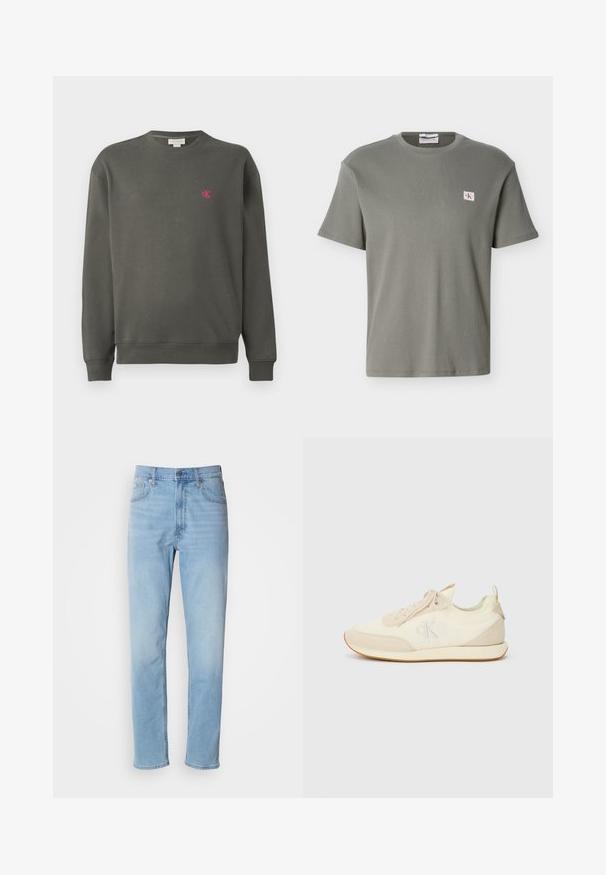 Tume roheline crewneck-sweatshirt, mis on valmistatud puuvillast. Sellel on vasakul rinnal väike roosa 'ck' logo ning soonikkoes varrukaotsad ja alläär.; Lühikeste varrukatega hall vahvelkootud põhi-T-särk, millel on vasakul rinnal väike CK logo kleebis, valgel taustal.; Heledad sinine teksapüksid sirge lõikega, viie tasku ja vöökohtadega. Kanga pind on sile ja seal on kerge fade-efekt.; Sportlikud spordijalatsid kreemi- ja beeži värvitoonis, millel on sile kangas neel ja nahkdetailid. Peen logo ja kummist tald kontrastsete servadega.