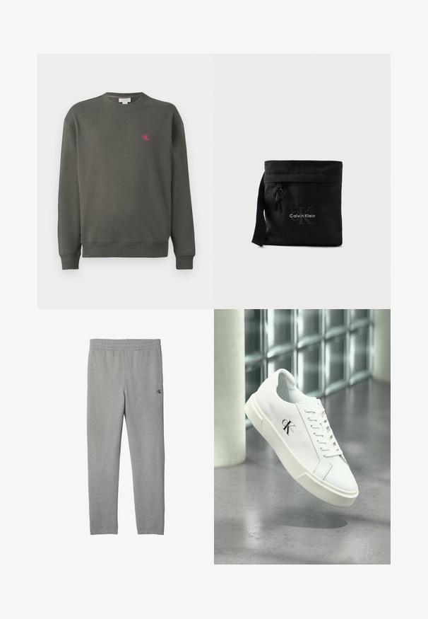 Sweatshirt crewneck vert foncé en coton. Présente un petit logo 'ck' rose sur le côté gauche de la poitrine et des poignets et un ourlet côtelés.; Pantalon de jogging gris clair à taille élastique avec petit logo noir « cK » sur la partie supérieure de la cuisse, jambes droites et poignets élastiques aux chevilles.; Baskets blanches Calvin Klein avec lacets, présentées en suspension au-dessus d'un sol en béton poli et d'un mur en blocs de verre en arrière-plan.; Sac bandoulière noir en nylon avec fermeture supérieure, comportant un imprimé logo et une sangle ajustable. Texture lisse et design minimaliste.