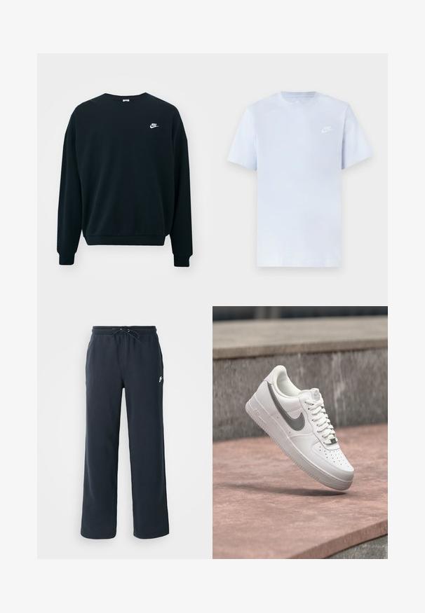 Sudadera negra de Nike con mangas largas, cuello redondo y puños acanalados. Presenta un logotipo blanco de Nike en la parte izquierda del pecho.; Camiseta de algodón de color azul claro con mangas cortas, cuello redondo y un logo blanco de Nike impreso en el pecho izquierdo. Textura suave, diseño sencillo.; Pantalones de chándal azul marino oscuro con cintura elástica y cordón. Hechos de tela suave, presentan un pequeño logo blanco en la cadera izquierda.; Zapatilla blanca Nike Air Force 1 con logo swoosh gris flotando sobre una superficie de piedra y un fondo de pared de piedra gris.