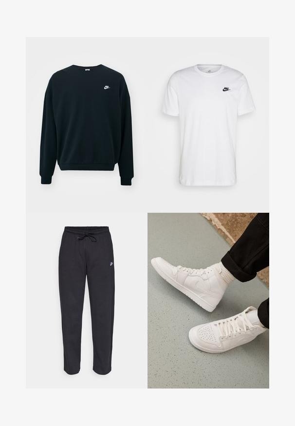Sudadera negra de Nike con mangas largas, cuello redondo y puños acanalados. Presenta un logotipo blanco de Nike en la parte izquierda del pecho.; Camiseta de algodón blanca con cuello redondo, mangas cortas y un logo negro de Nike en el lado izquierdo del pecho. Diseño simple en un color sólido.; Pantalones de chándal negros hechos de una tela suave, con cintura elástica, cordón y un pequeño logo de Nike en el muslo izquierdo.; Zapatillas altas blancas hechas de cuero suave con puntera perforada, cierre de cordones y sutil detalle del logo en el lateral. Suela de goma texturizada.