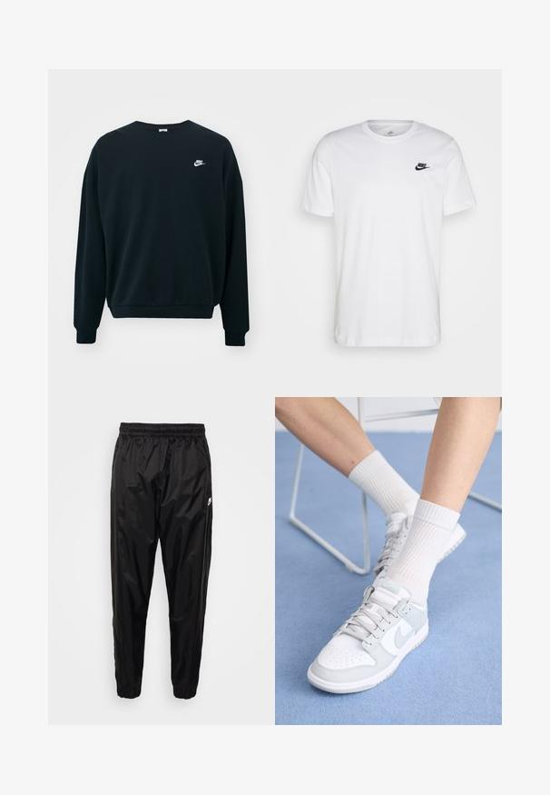 Schwarzer Nike-Pullover mit langen Ärmeln, rundem Halsausschnitt und gerippten Bündchen. Mit einem weißen Nike-Logo auf der linken Brustseite.; Weißes Baumwoll-T-Shirt mit Rundhalsausschnitt, kurzen Ärmeln und einem schwarzen Nike-Logo auf der linken Brust. Einfaches, einfarbiges Design.; Schwarze Jogginghose aus leichtem, glänzendem Material mit elastischem Bund, schmalem Schnitt und Reißverschlusstaschen. Mit einem Logoakzent.; Weiße Sneakers mit hellblauen Akzenten, Obermaterial aus Leder, perforierte Zehenpartie, dicke Schnürsenkel und gerippte weiße Socken vor einem blauen Hintergrund.