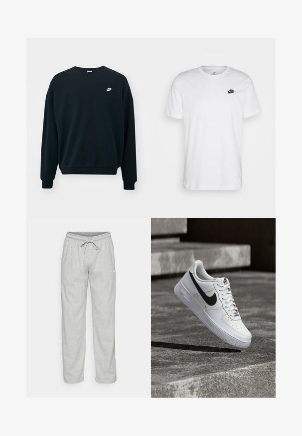 Must mustaga Nike pikendatud varrukatega, ümar kaelus ja soonikkoes mansetid. Vasakul rinnal on valge Nike logo.; Valge puuvillane T-särk, millel on ringkaelus, lühikesed varrukad ja must Nike logo vasakul rinnal. Lihtne, ühtlane värvi disain.; Heledad hallhallid, mis on valmistatud pehmest kangast. Omab elastset vöökohta, millel on nöör ja must Nike logo vasakul reitel.; Valge Nike Air Force 1 toss, millel on must swoosh, paelad seotud, paikneb õhus hallil tekstureeritud betoonpinnal välitingimustes.