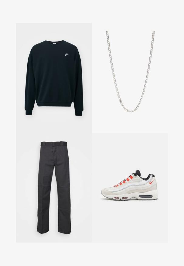 Sudadera negra de Nike con mangas largas, cuello redondo y puños acanalados. Presenta un logotipo blanco de Nike en la parte izquierda del pecho.; Pantalones negros de tela duradera, con un diseño de pierna recta, una cinturilla con trabillas para cinturón y costuras para mayor textura.; Nike Sportswear AIR MAX 95 XCAT NN - Zapatillas - light bone/habanero red/black/ghost green/phantom/sail; Collar de cadena de plata con eslabones entrelazados, textura suave y forma rectangular uniforme. Detalle de cierre seguro.