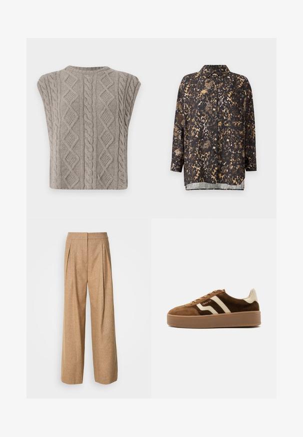 Cable-strikket ærmeløs sweater i blød grå. Har teksturerede mønstre af fletninger og diamanter. Rund halsudskæring og cropped silhuet.; Sort og brun mønstret bluse med krave, lange ærmer og knaplukning; har en blanding af dyreprint og teksturer.; Vide bukser i et struktureret, lysebrunt stof. Har frynsede folder foran og høj talje, med en glat finish og uden synlige lukninger.; Brun ruskind sneaker med beige striber, beige hælkappe, tyk gummisål og snørelukning, sidevisning på ensfarvet baggrund.
