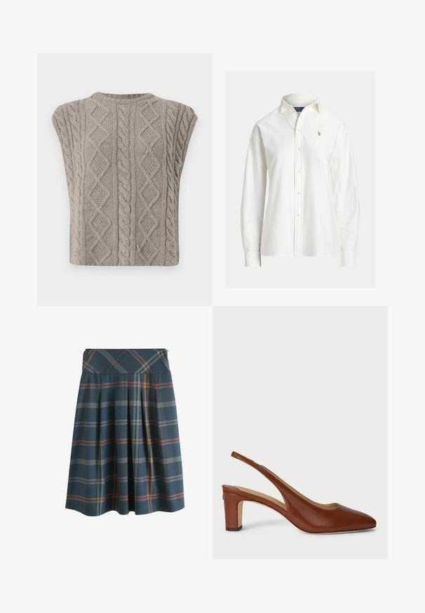 Pull en tricot à col rond sans manches en gris doux. Présente des motifs texturés de tresses et de diamants. Silhouette courte.; Chemise blanche à manches longues avec boutons, col et petit logo brodé sur le côté gauche de la poitrine.; Jupe plissée longueur genou avec large ceinture, présentant un motif à carreaux bleu, orange et violet sur un fond sombre.; Chaussure slingback en cuir marron avec un bout pointu, un petit talon carré et des côtés ouverts, présentant une texture lisse et un design minimaliste.