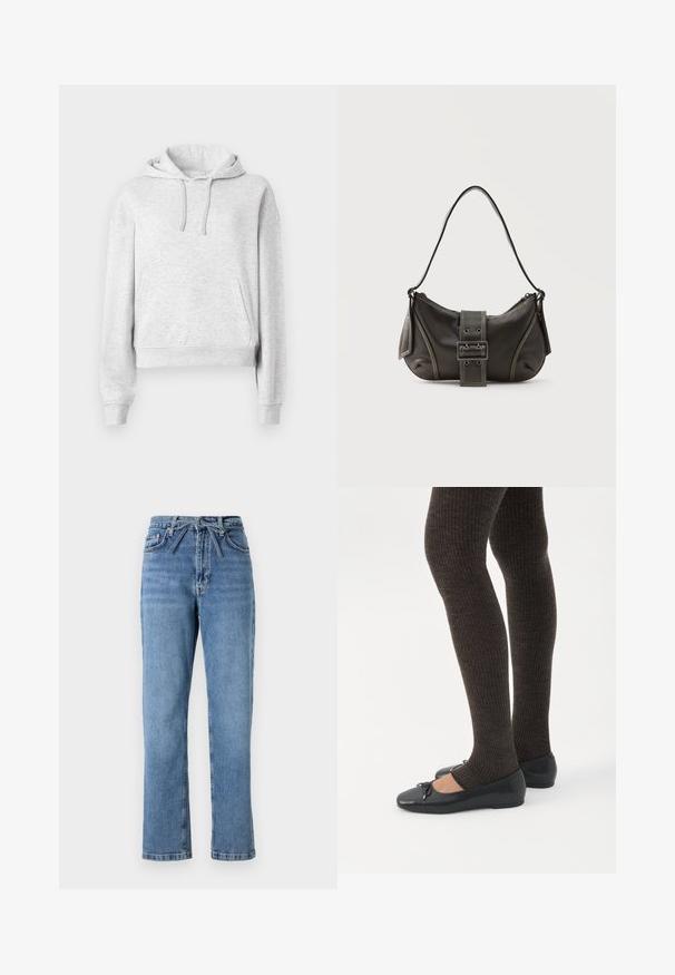 Lysegrå langærmet hættetrøje med forlommer, snørre i hætten, ribkanter ved ærmer og kant, vist på en ensfarvet hvid baggrund.; Lyseblå denimjeans med lige pasform, høj talje, der har en frontsløjfe og klassisk fem-lomme design. Struktureret overflade med subtile falmninger.; Ben iført mørke ribbede leggings kombineret med sorte balletsko med små sløjfedetaljer på hvid baggrund.; Sort læder skuldertaske med spænde på remmen, afrundede kanter og kontrasterende hvide syninger på en ensfarvet baggrund.