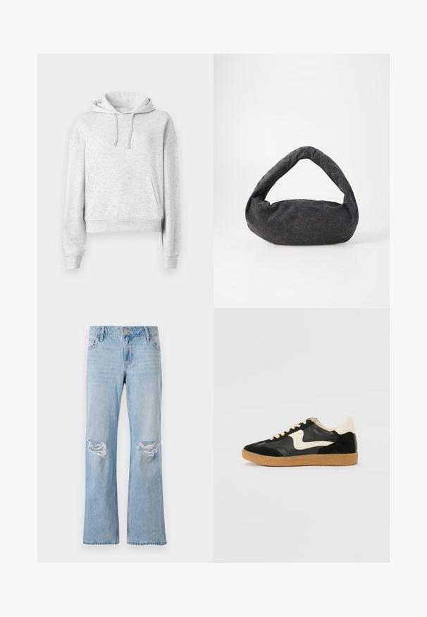 Lysegrå langærmet hættetrøje med forlommer, snørre i hætten, ribkanter ved ærmer og kant, vist på en ensfarvet hvid baggrund.; Lysblå denimjeans med lige ben-design, der har to knærevner, en metalknaplukning og fem lommer.; Sorte ruskinds- og lædersneakers med en cremefarvet side-swoosh og lys cremefarvet hæl. Har beige snørebånd og en gummirubber-sål.; Mørkegrå stofpose med et buet håndtag, blød tekstur og rund form. Ingen synligt hardware eller pynt.