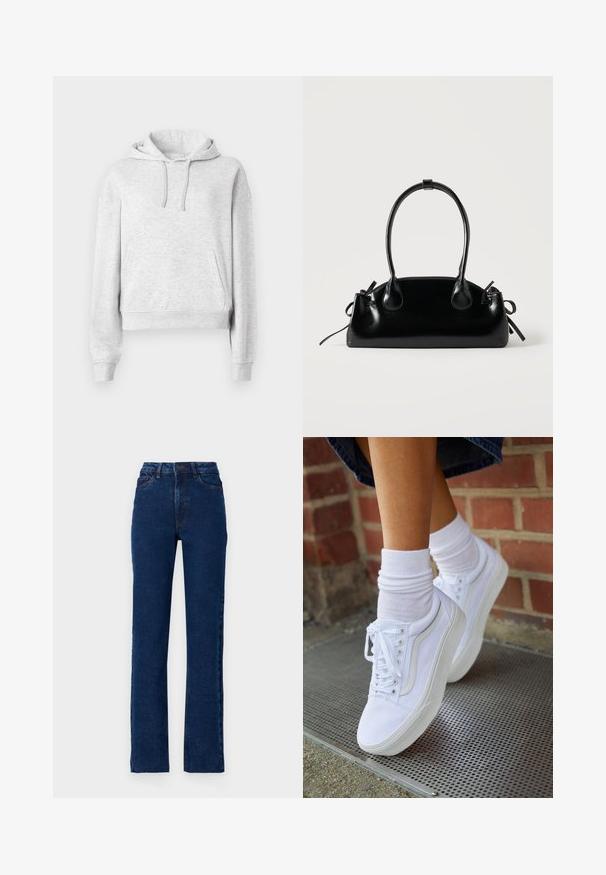 Lysegrå langærmet hættetrøje med forlommer, snørre i hætten, ribkanter ved ærmer og kant, vist på en ensfarvet hvid baggrund.; Høj talje mørkeblå denim jeans med lige ben, fem lommer og kontrasterende syninger langs sømmene.; Hvide lærreds sneakers med gummisåler, der har seks snørehuller, rund tå og let sømdetaljer, krydret med hvide ankelstrømper.; Lille sort blank håndtaske med to lange håndtag og snøre-detaljer i siden på en ensfarvet lys baggrund.