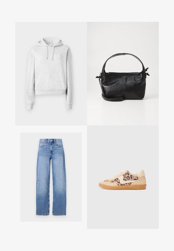 Lysegrå langærmet hættetrøje med forlommer, snørre i hætten, ribkanter ved ærmer og kant, vist på en ensfarvet hvid baggrund.; Høj talje, lyseblå denim jeans med vide ben, forreste knapper og lynlås, bæltestropper og fem-lomme-design.; Leopardprint sneakers med beige ruskindsoverdel, tan gummisål og hvide detaljer. Rund pegefinger og snørebåndsdesign med en tekstureret finish.; Sort læderhåndtaske med et struktureret design, rund tophåndtag og aftagelig skulderrem. Den har en glat tekstur og en subtil glans.
